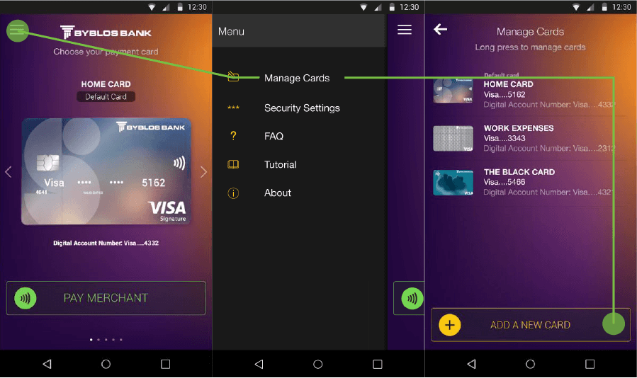 The UI/UX user flow pattern and screens to do with card management and adding a new card